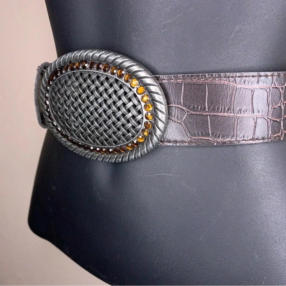 Size 14 Belt Rhinestone Brown Faux Leather Silver Buckle Western Woven Look